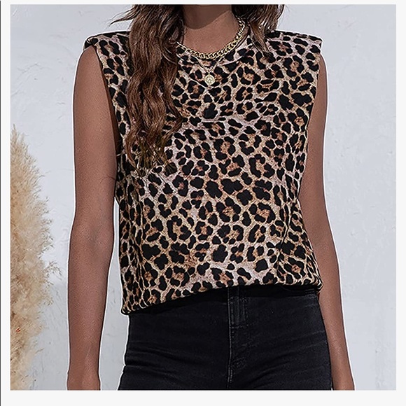Women's Leopard Tops Trendy Round Neck Shoulder Pad Elegant Shirts Summer (BNIP) - Picture 3 of 5